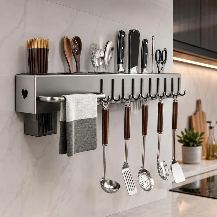 Küchenregal, Gewürzregal, Küchenorganizer, Küchenutensilien, Messerhalter mit 10 Haken – Bild 2
