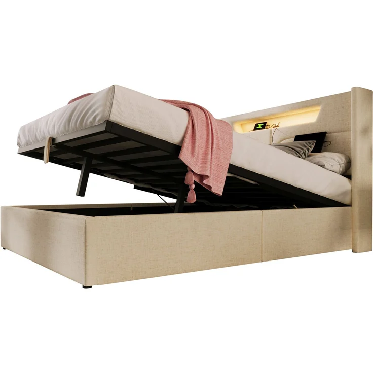 Polsterbett mit LED-Beleuchtung 140x200 cm, USB- und Type-C-Ladefunktion, verstellbarer Lattenrost,Beige,inklusive Matratze – Bild 10