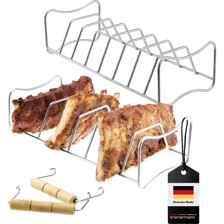 2in1 Spare Ribs- und Bratenhalter 2er Set, Rippchenhalter mit Tragegriffen, aus rostfreiem Edelstahl – Bild 1