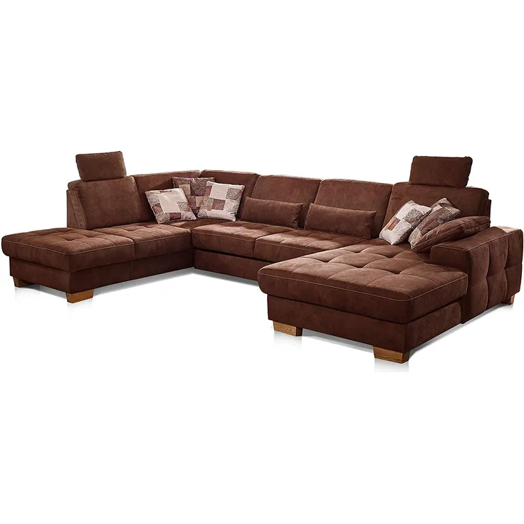 CAVADORE Wohnlandschaft Puccino mit Federkern, Schlaffunktion, verstellbarer Rückenlehne und 2 Kopfstützen / Sofalandschaft in U-Form im Landhaus-Design / 340 x 86 x 224 cm / Mikrofaser braun