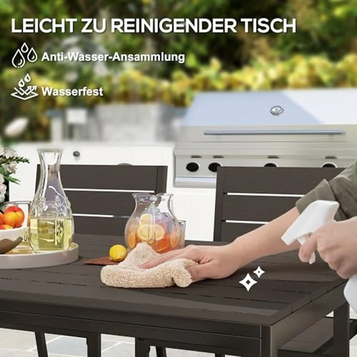 Outsunny Garten-Essgruppe mit 6 stapelbar Stühlen, geschlitzte Tisch, (Essgruppe für 6 Personen, 7-tlg, 7-teilig Sitzgruppe), für Terrasse, Balkon Dunkelbraun – Bild 6