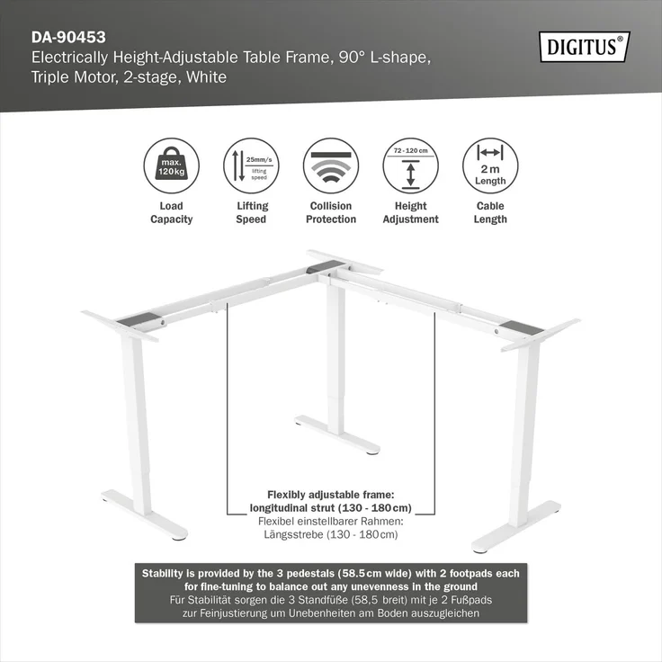 DIGITUS Elektrisch Tischgestell, 90 Grad L-Form, Triple-Motor,Weiß – Bild 3