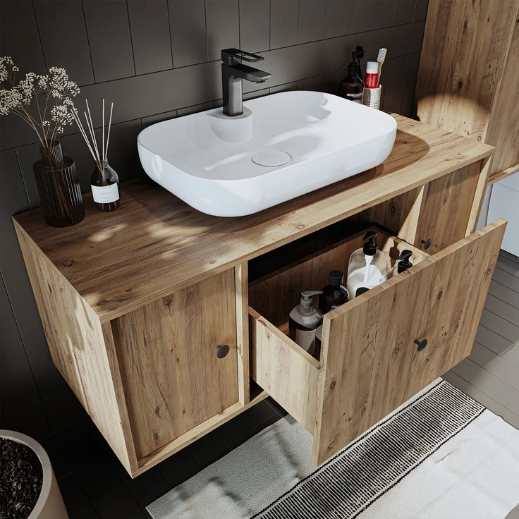 Roomart GUSTO-I-120 Badmöbel Set– 4-teiliges Badezimmermöbel Set - Waschbeckenunterschrank mit Keramikwaschbecken, Spiegelschrank & Hochschrank - H 45 x B 45 x T 120 cm • Eiche – Bild 5