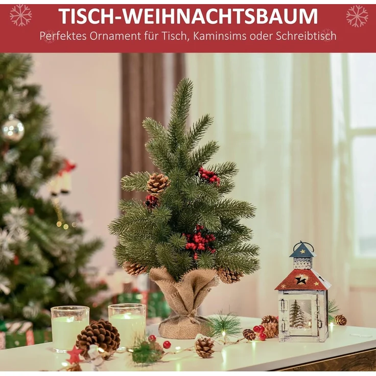 HOMCOM Künstlicher Weihnachtsbaum Mini Weihnachtsbaum mit Tannenzapfen, roten Beeren, 50 cm hoch, Fischte, für Tisch und Schreibtisch – Bild 5