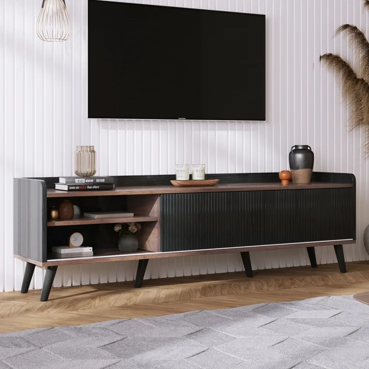 TV-Ständer 160 cm Schwarz & Holz, Sideboard mit gestreiften Schiebetüren, zwei Schubladen, Massivholzbeine