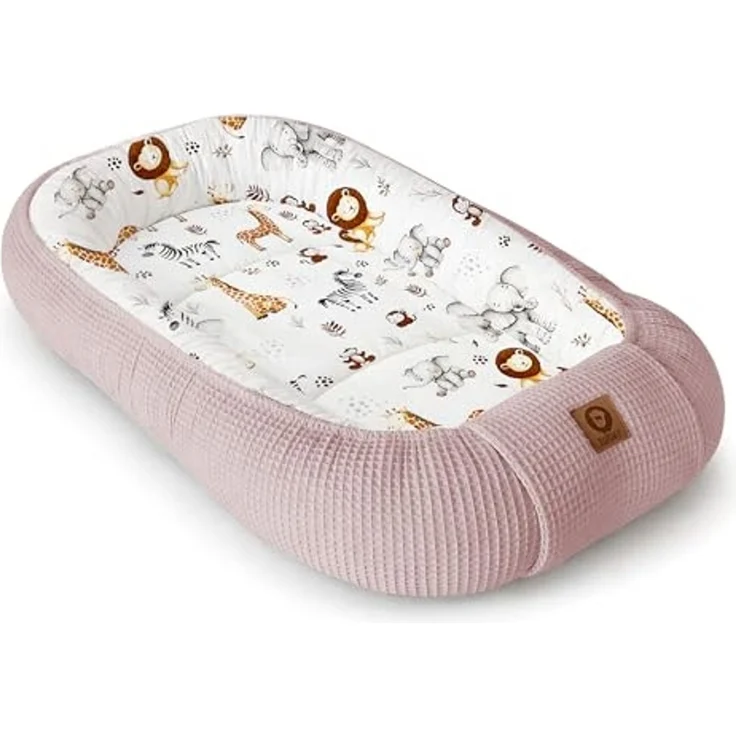 Babynestchen Neugeborene – Nestchen Baby aus Waffel Baumwolle & Baumwollstoff – Babynest für Babybett & Kinderbett – Baby Kokon Tragbar – OEKO-TEX zertifiziert – Zubehör für Babybett - ZOO und Rosa – Bild 1