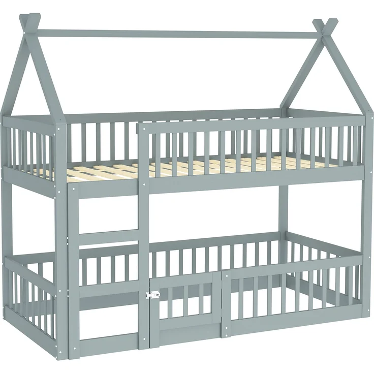 Hochbett Mit Spielebene Grau 90x200 Holz Metall Sicherheitsgeländer Treppe 120kg Tragkraft Kinderzimmer Spielbett Schlafbereich Multifunktional – Bild 9