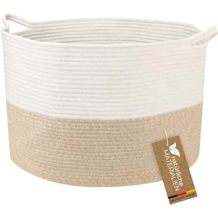 HMF Aufbewahrungskorb XXL Wäschekorb aus Baumwolle, runder Aufbewahrungskorb mit Griffen, 55 x 35 cm, Weiß-Braun