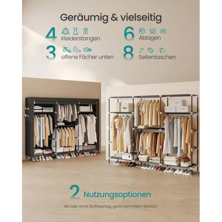 SONGMICS Stoffschrank mit Kleiderstange, Kleiderschrank mit Seitentaschen, Schrank für Schlafzimmer, 4 Hängefächer, schwarz – Bild 4