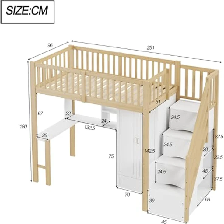 Odikalo Jugendbett Kinderbett Hochbett Kleiderschrank Regal Tisch Treppe 90x200cm – Bild 3