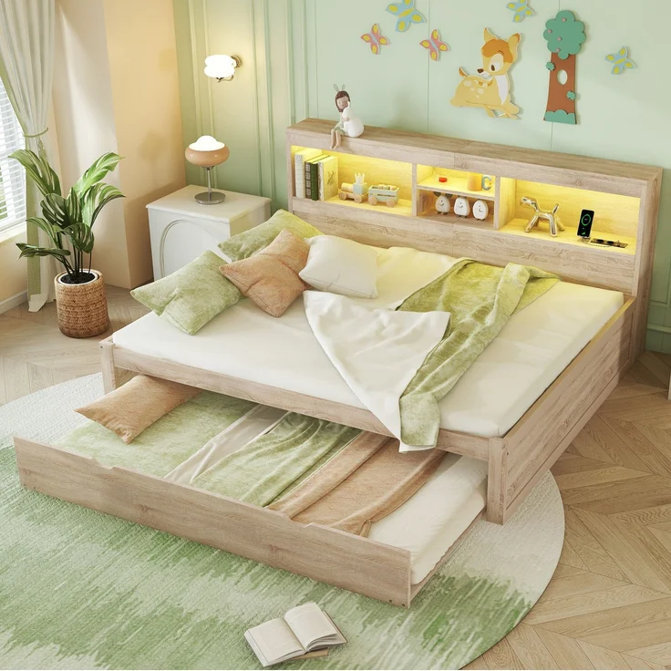 CHICFURN Bett aus Spanplatte und MDF Natur 140x200 cm mit Ausziehbett und LED-Beleuchtung – Bild 2