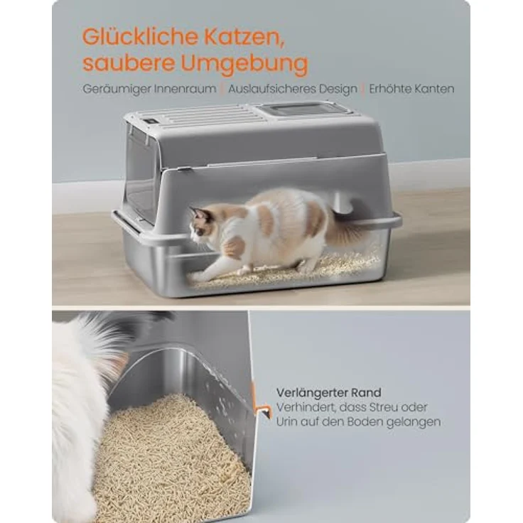 Feandrea Katzenklo Edelstahl, mit Deckel, Schaufel, Katzenstreumatte | Katzentoilette, mit 2 Eingängen, für Katzen bis 15 kg, Schiefergrau, BOXAL Kollektion PPT007GN01 – Bild 4