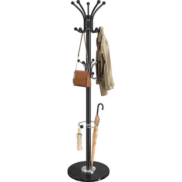SONGMICS Garderobenständer mit Schirmständer und Marmorfuß, 18 Haken, Drehbares Oberteil, 38 x 38 x 178 cm, Schwarz