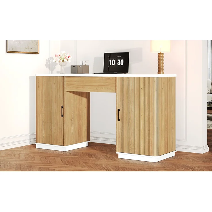 ZUBALIYA Höhenverstellbarer Schreibtisch, 140 × 50 cm, mit großzügigem Stauraum, ausgestattet mit 2 Schubladen und 2 offenen Fächern, Computertisch, Schminktisch, weiß/Eichenoptik, mit Streifenmuster – Bild 20