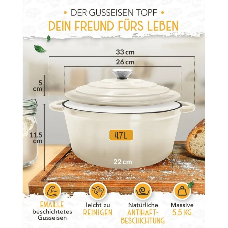 Krustenzauber Kasserolle Gusseisen Topf als Kochtopf, Schmortopf oder Brotbackform – Bild 3