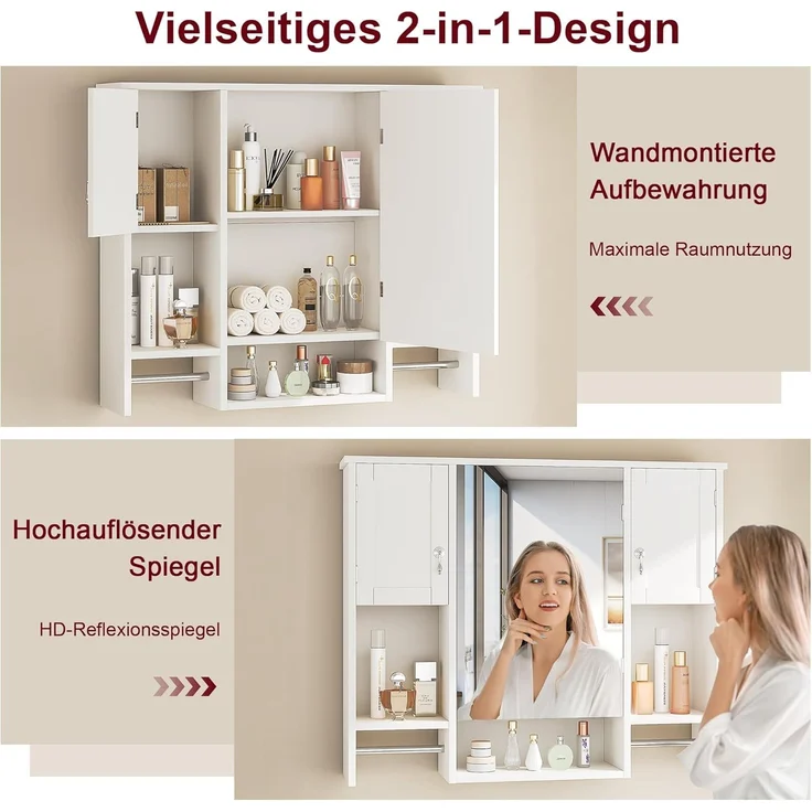 Badezimmerschrank mit Spiegel, Wandschrank mit Türen und offenen Fächern, wandmontierter Medizinschrank mit 2 Handtuchhaltern, Badschrank für Badezimmer, Waschküche und Küche, Weiß – Bild 5