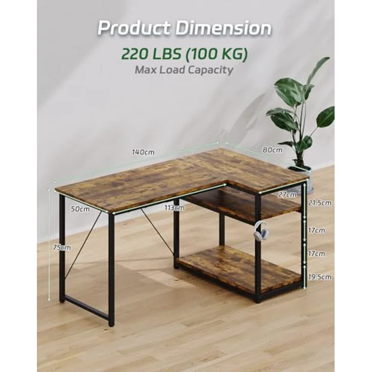 JUMMICO L-förmiger Schreibtisch 140 x80 cm mit Stauraum, Eck-Computertisch mit umkehrbarem Regal, Stabiler Bürotisch und Arbeitsstation für das Homeoffice,Braun – Bild 7