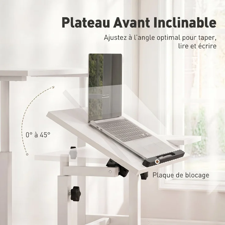 Steh-Sitz-Schreibtisch, höhenverstellbarer Schreibtisch 70 x 60 cm, auf Rollen mit neigbarer Tischplatte, 70 x 60 x 70,5–120 cm, Weiß – Bild 7