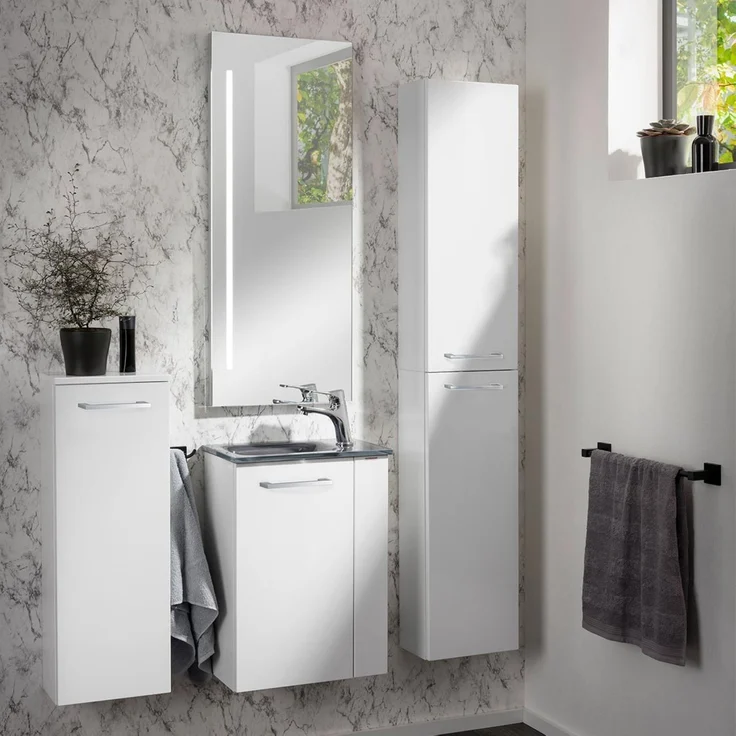 FACKELMANN SBC SCENO Gäste WC Waschtisch Set 45 cm breit, Weiß, Waschbecken Glas Anthrazit, Türanschlag links – Bild 2