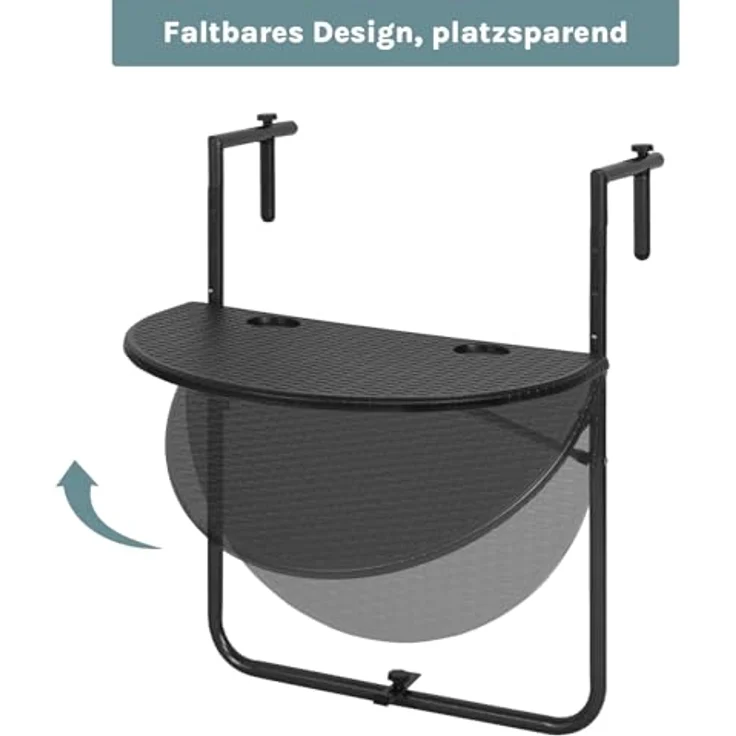 WOLTU Balkonhängetisch, Balkontisch zum Hängen, Hängetisch klappbar Beistelltisch Gartentisch, Klapptisch mit 3 Höhen, 2 Tassenhalterungen, in Rattan-Optik, 59,5x39 cm Schwarz – Bild 6