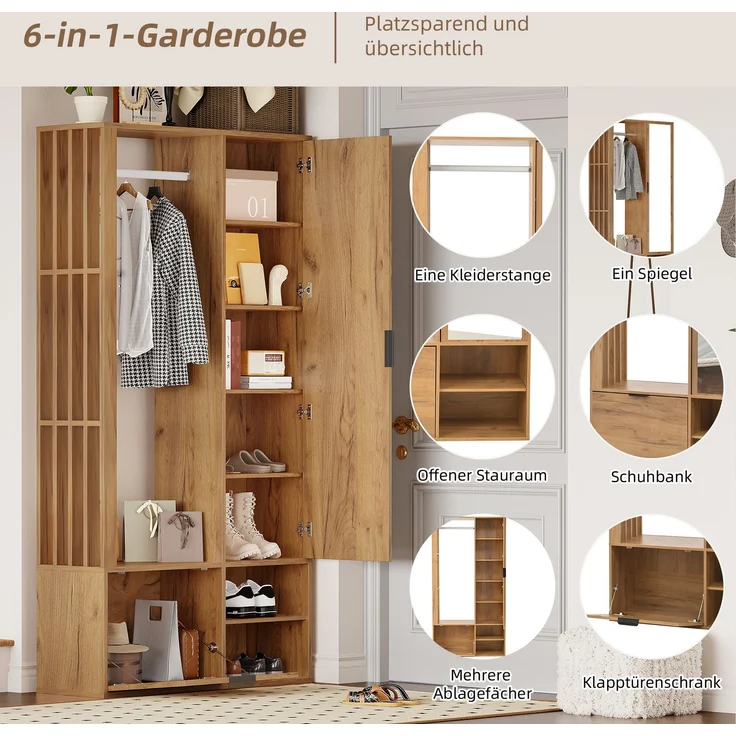 100*33*190cm garderobenschränke mit flur,6-in-1-Eingangsschrank, zum Aufhängen von Mänteln,Flurschrank mit Wäscheständer ,Garderobenschrank und Spiegel, Breite 100 cm,Schrank mit unterer Tür,Holzfarbe--Natürlich--100x33x190cm--YOUDENOVA – Bild 10