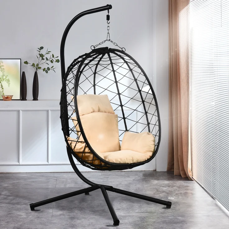 Luxus Hängesessel NEW XXL Gestell Schwarz mit Korb Schwarz und Kissen Beige