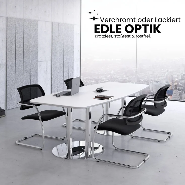 bümö Konferenztisch oval 220x103 cm großer Besprechungstisch in Asteiche, Besprechungstisch mit Chromsäulen, Meetingtisch für 8 Personen, XXL-Tisch für Besprechungsraum & Meeting, KT22S-R-C – Bild 2