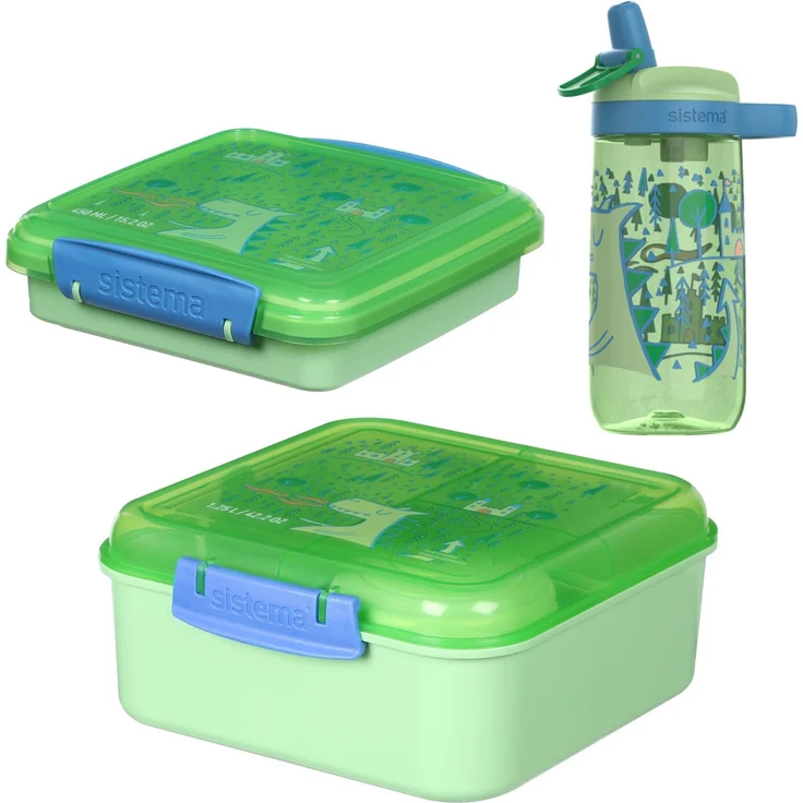 Sistema Expressions Kinder Brotdose & Wasserflaschen-Set | Bento Cube (1,25L), Sandwich Box (450ml) & Easy Sip Flasche (500ml) | Dinosaur Cucumber