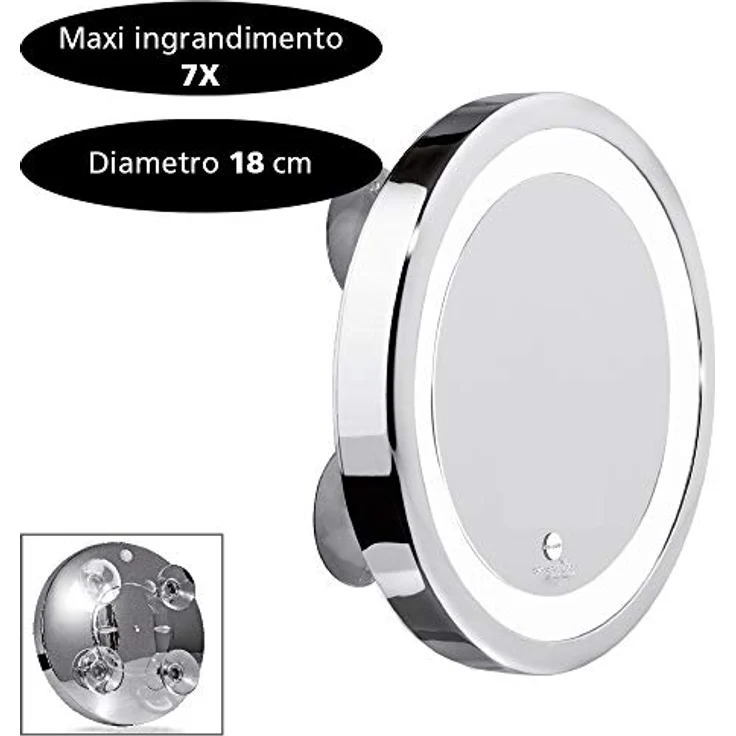 MACOM 211 Kosmetikspiegel Solar Sensation, LED-beleuchteter Vergrößerungsspiegel mit 7-facher Vergrößerung und Saugnäpfen, Silber – Bild 2