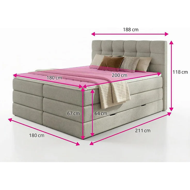 Boxspringbett Best XL mit 2 Bettkästen und Topper, mit Taschenfederkern- und Bonellfederkernmatratze, Doppelbett, Polsterbett aus Webstoff mit Stauraum (Grau (Inari 91), 180 x 200 cm) – Bild 3