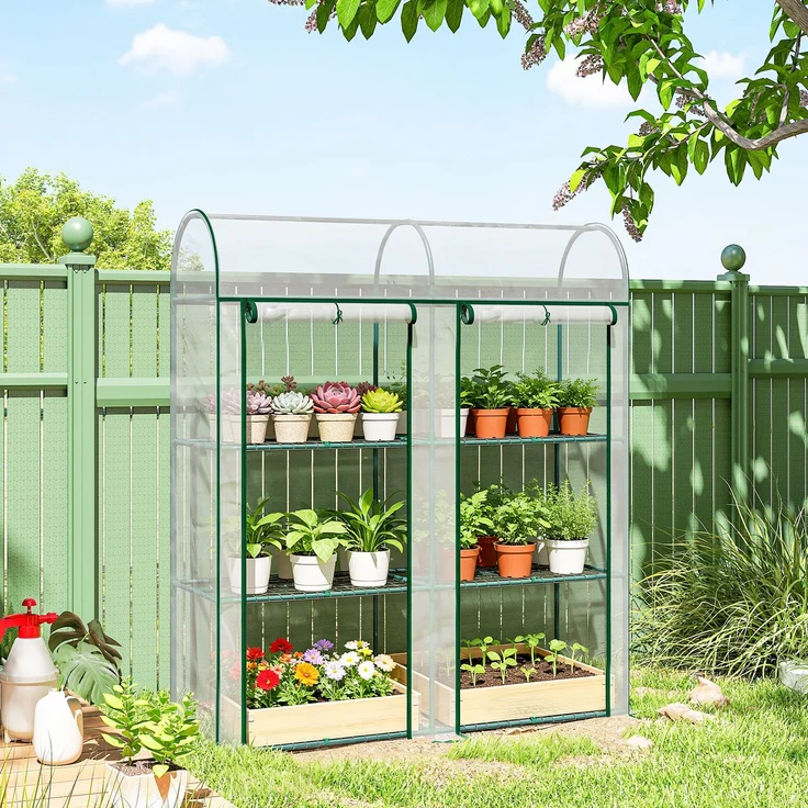 MELAYR, Kleines Gewächshaus mit 3 Etagen, 2 Rolltüren, Stahlrahmen, Kunststoffabdeckung, 143 x 46 x 164 cm, Transparent – Bild 4