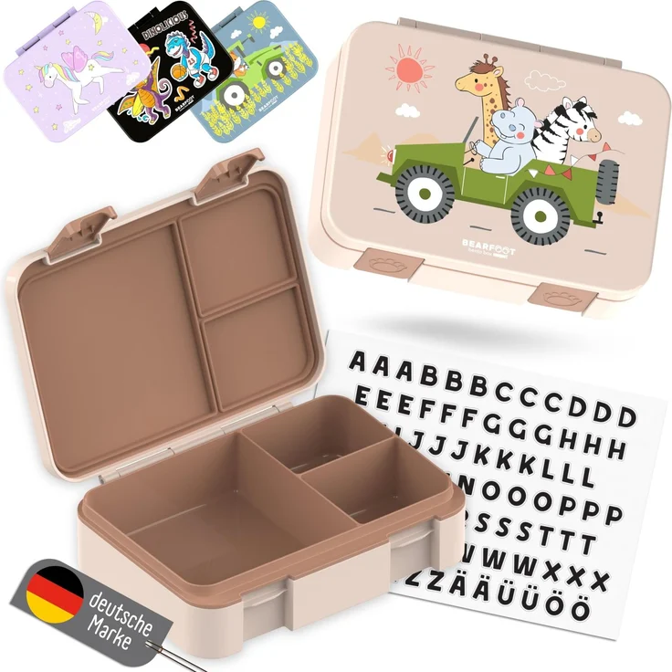 BEARFOOT Bento Box COMPACT Kinder Brotdose (Safari-braun, 950 ml) | BPA-frei, auslaufsichere Lunchbox mit Fächern, für Schule & Kindergarten, für Mädchen & Jungen, leicht & kompakt