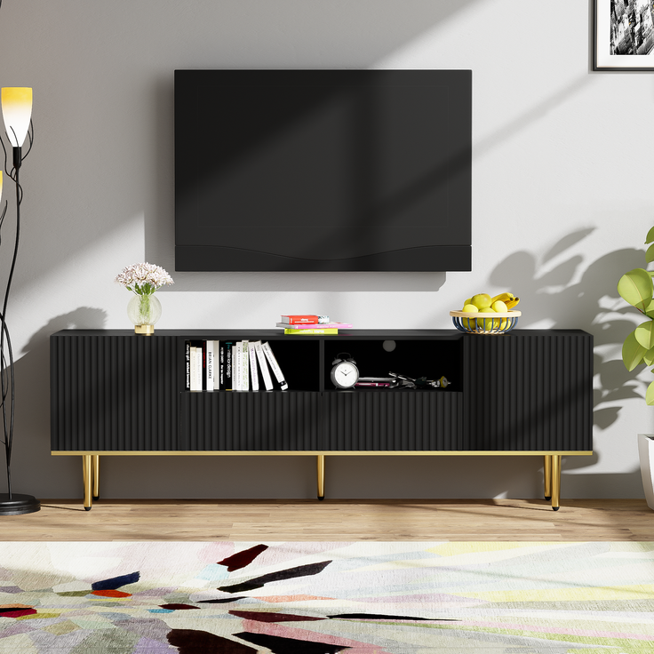 TV-Schrank 165 cm Schwarz mit Gold, Lowboard Sideboard Wohnzimmerschrank, 2 Schubladen, 2 offene Fächer – Bild 3