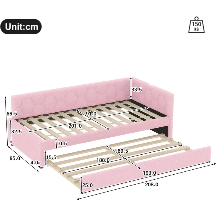 Daybett, 90*200cm Tagesbett, Schlafsofa, Bett mit Lattenrost (ohne Matratze), mit Nachttischlampe, mit multifunktionalem Ausziehbett, USB-Anschluss, Typ-C, Komfortmaterial, Boucle, Rosa – Bild 9