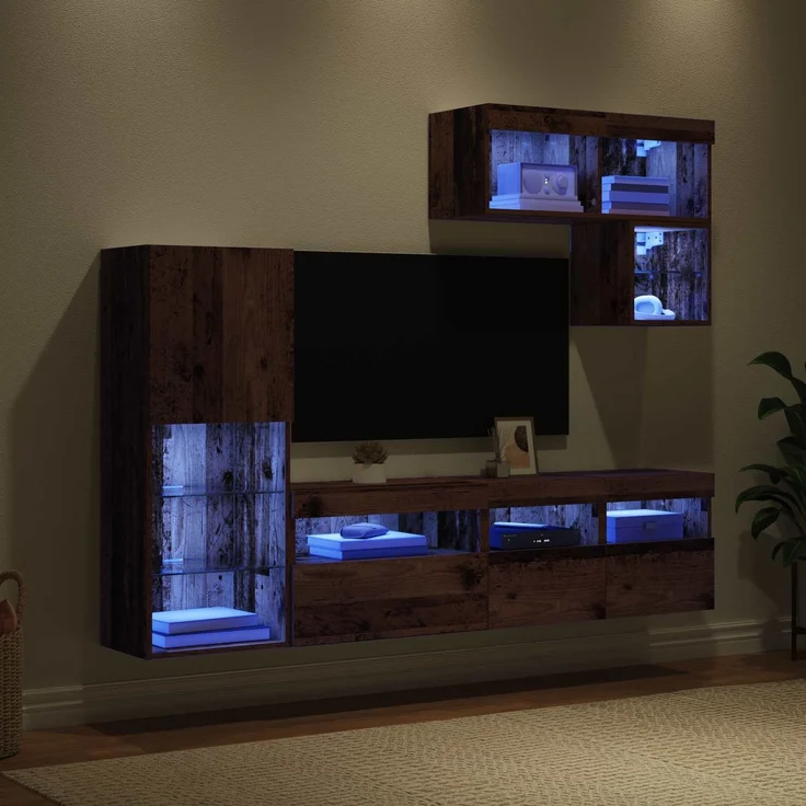 vidaXL TV-Wandgeräte mit LED-Lichtleisten 6 pcs Altholz Holzwerkstoff 3402974 – Bild 4