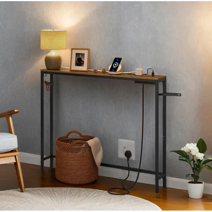 VASAGLE Konsolentisch mit Ladestation, schmaler Sofatisch, Flurtisch, 15 x 100 x 80 cm, mit Haken, einfache Montage, für Flur, Wohnzimmer, vintagebraun-tintenschwarz