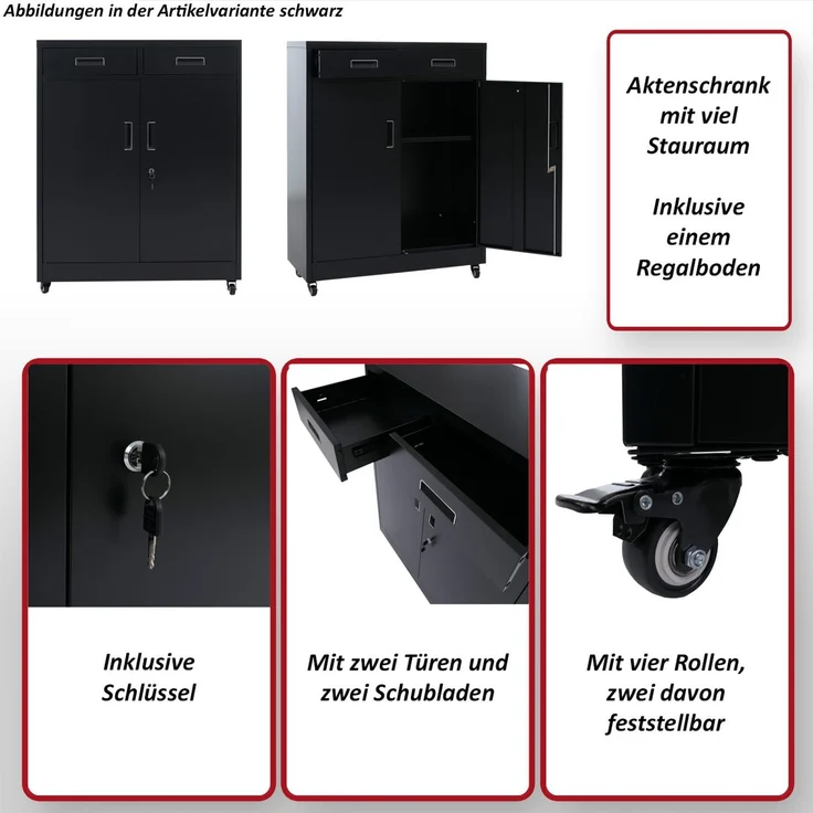 Aktenschrank HWC-O89, Stahlschrank Büroschrank, Rollen Türen Schubladen abschließbar Metall 116x90x40cm ~ weiß – Bild 2