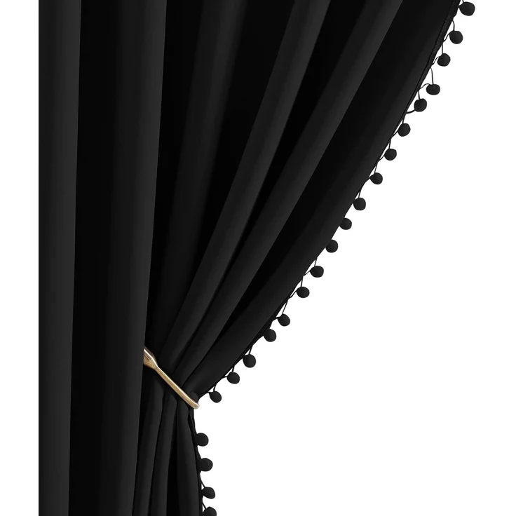 NICETOWN Schwarze Verdunkelungsvorhänge mit Pompons, Stangentasche, wärmeisoliert, Bohemian-Stil, Verdunkelungsvorhänge für Schlafzimmer, Küche, Kinderzimmer (2 Bahnen, 106,7 cm breit, 160 cm lang)