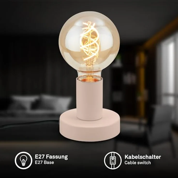 BRILONER - Tischlampe mit Kabelschalter, Retrooptik, E27 Fassung, Tischlampe vintage, Lampe, Schreibtischlampe, Tischleuchte, Bürolampe, Leselampe Bett, Leselicht, 10 x 9 cm, Beige – Bild 2