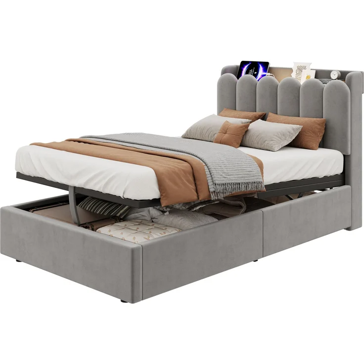 ZUBALIYA Bett mit Lattenrost / Polsterbett, mit großem Stauraum und USB& Type-C-Ladestation und Leselampe und hydraulisches Funktionsbett, Kinderbett 90 x 200 cm, Samt, Grau, für Mädchen und Jungen – Bild 22