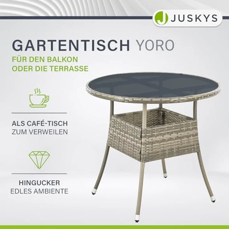 Juskys Polyrattan Gartentisch Yoro wetterfest - Balkontisch Ø 80 cm rund - Rattan Beistelltisch mit Glasplatte - kleiner Tisch für Balkon - Grau – Bild 4