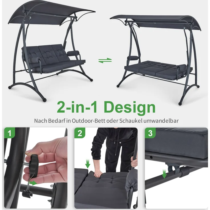 M MCombo 3-Sitzer Hollywoodschaukel mit Liegefunktion, 3 Extradickem Sitzkissen & Silent-Haken, Ruhige Gartenschaukel bis 300kg Belastbar, Schaukelbank Outdoor Wetterfest 4025 (grau) – Bild 4