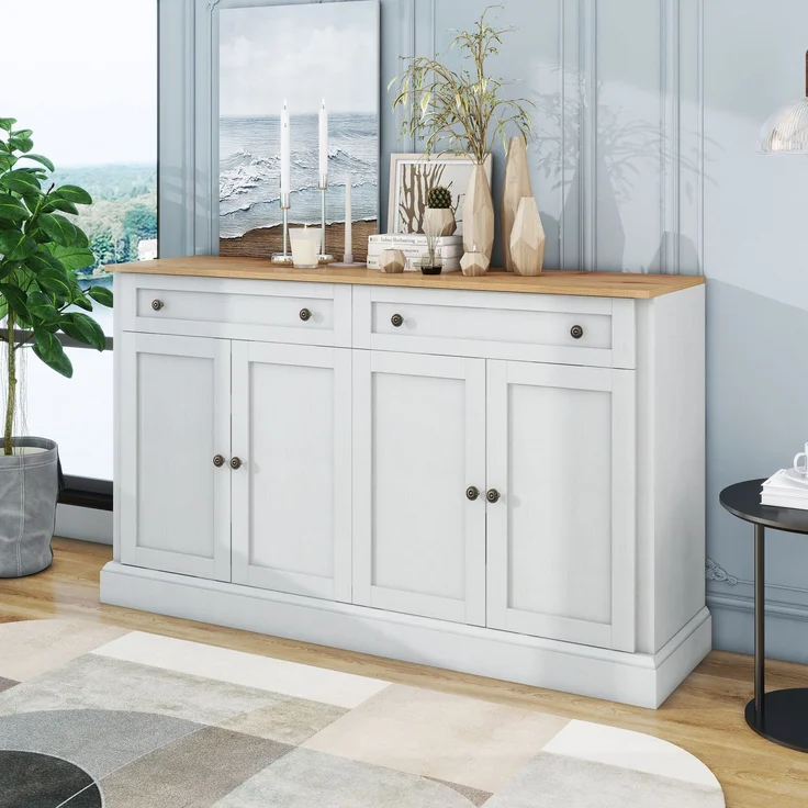 Sideboard Weiß mit Naturholz-Optik, 4 Türen 2 Schubladen, großer Stauraum, Wohnzimmer Anrichte Buffetschrank – Bild 1