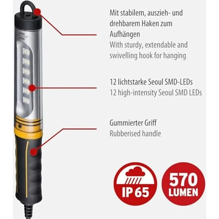 Brennenstuhl LED Arbeitsleuchte WL 550, Ein-/Ausschalter, mehrere Helligkeitsstufen, LED fest integriert, Tageslichtweiß, mit 5 m Kabel – Bild 2