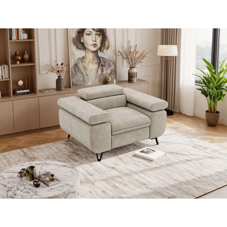 Einzelsessel, Polstersessel PETER mit verstellbaren Armlehnen und Kopfstütze, 1-Sitzer Sofa, Ohrensessel, Wellenfeder - Beige Struktur – Bild 5