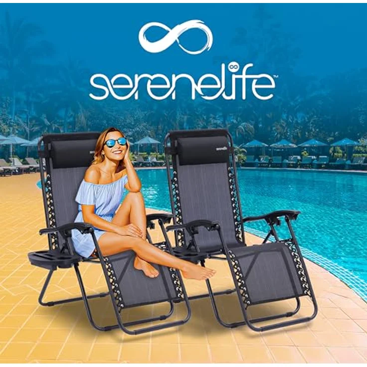 SereneLife Sonnenliege Wetterfest, Gartenliege Wetterfest Klappbar & Verstellbar zum Liegen für Balkon, Garten, Terrasse & Camping mit Seitentisch, Kopfkissen & Getränkehalter, Deckchair Schwarz – Bild 9