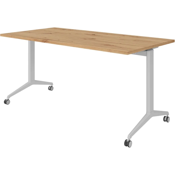 bümö Seminartisch klappbar fahrbar 160x80 cm Asteiche, Gestell silber - Klapptisch staffelbar, mit vier Doppelrollen Büro Schulungstisch, KFZ16-R-S – Bild 1