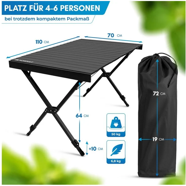 Nordmut Campingtisch Outdoor Tisch klappbar 110x70 cm höhenverstellbar Aluminium (kratzfeste Tischplatte für Camping Garten Balkon & Festival), wetterfester Klapptisch mit Tragetasche bis 50 kg belastbar – Bild 2