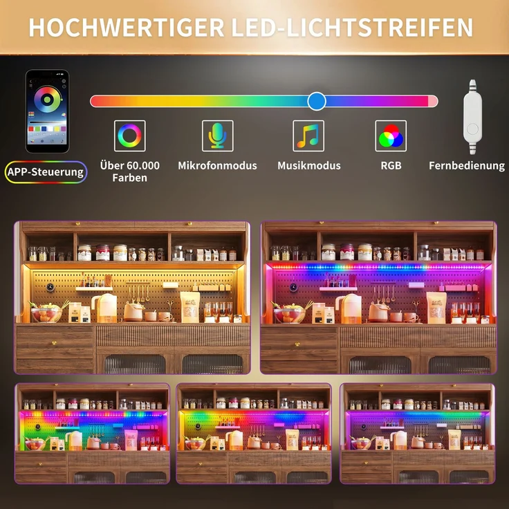 ZUBALIYA LED-Küchenschrank 145x39x171 cm, mit App-Steuerung, mit Stauraum, MDF/Glas, Nussbaum – Bild 9