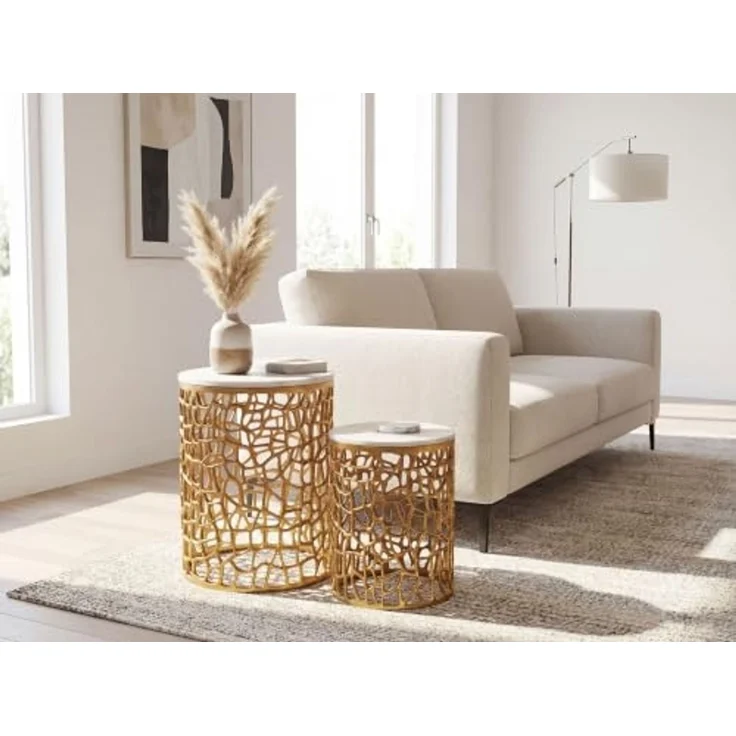 FINEBUY Satztisch FB117900 2er Set Couchtisch Gold Wohnzimmertisch Beistelltisch Marmor (Elegante Wohnzimmertische im schicken Zweierset), Weißer Naturstein kombiniert mit Metallgitter – Bild 4